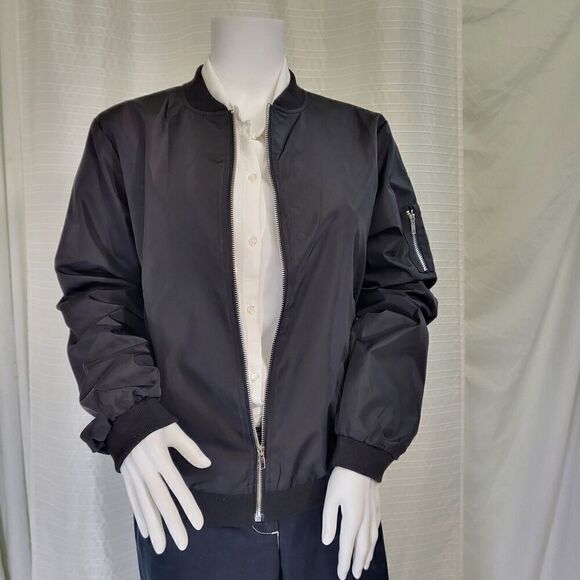 Classic Black Bomber Jacket Lined Zip Up  Women’s Size Medium - Picture 2 of 10